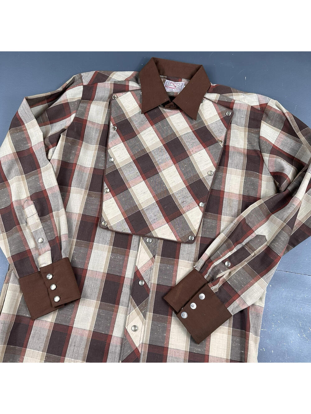 VTG H Bar C Western Shirt Mens Large Brown Red Plaid Bib Calvary Long Tail NWOT